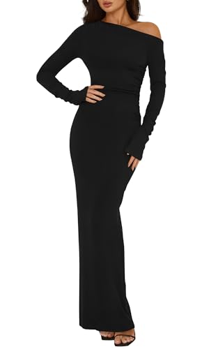 BTFBM One Shoulder Long Sleeve Dress for Women 2025 Bodycon Ruched Night Out Formal Maxi Fall Wedding Guest Dresses(Black, Large)