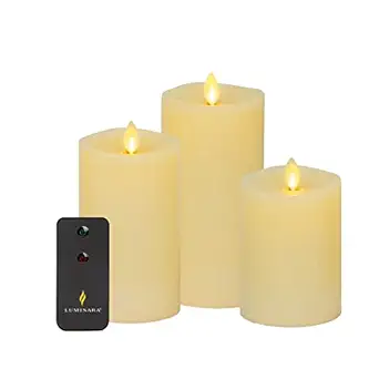 Luminara Realistic Artificial Moving Flame Pillar Candles - Set of 3 - Melted Top Edge, LED Battery Operated Lights - Unscented - Remote Included- Ivory - 3