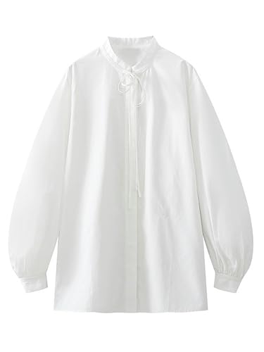 Nueva Camisa Blanca Holgada con Mangas abullonadas y Cuello Alto para Mujer de Primavera-Blanco-L