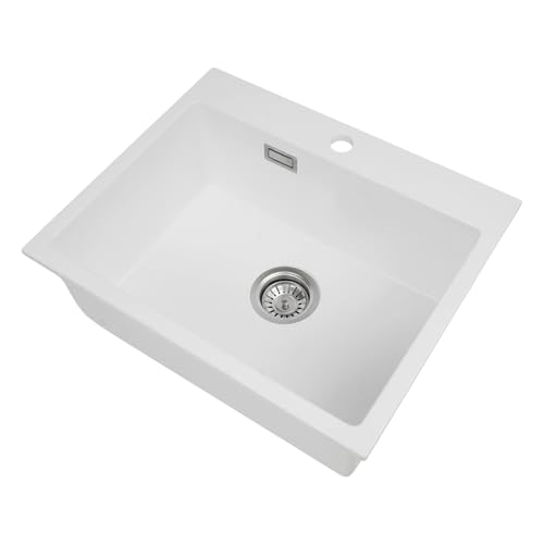Évier de cuisine - 55 x 45 cm - 1 bac encastrable - En pierre de quartz - Pour meuble bas de 55 cm avec trop-plein, siphon et bonde - Blanc