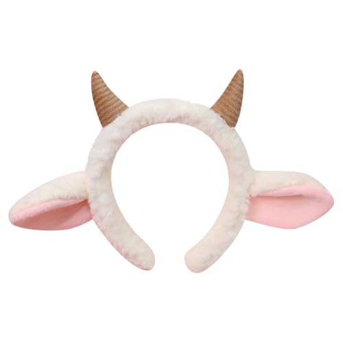 JIHUOO Bandeau avec oreille de mouton en peluche et cornes de chèvre - Serre-tête mignon avec oreilles d'animaux - Accessoire de cheveux doux pour femme