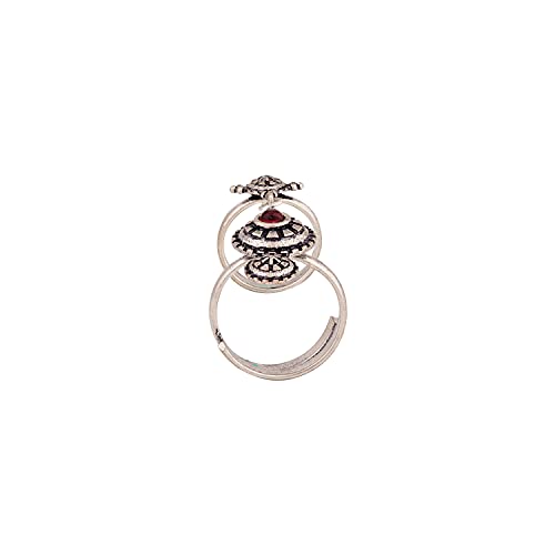 Image of Voylla Brass Silver Oxidised Adjustable Two Finger Ring with Red Stone for Women and Girls
