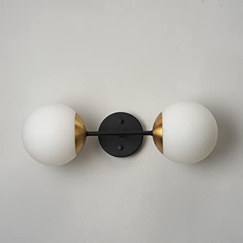 Image of Globe Electric 52079 2-Light Wall Sconce, Matte Black, Antique Brass Accent Socket, Matte Opal Glass Shades, Modern Light for Living Room or Bedroom, Dimmer Switch Compatible, E26 Base