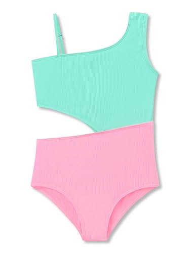 Image of Dvenki Big Girls Asymmetric Cutout Swimsuit Adjustable Straps Sizes 6X-16 | color block, leopard, tropical prints, front lined swimwear, removable pads, suitable for beach, vacation, pool play