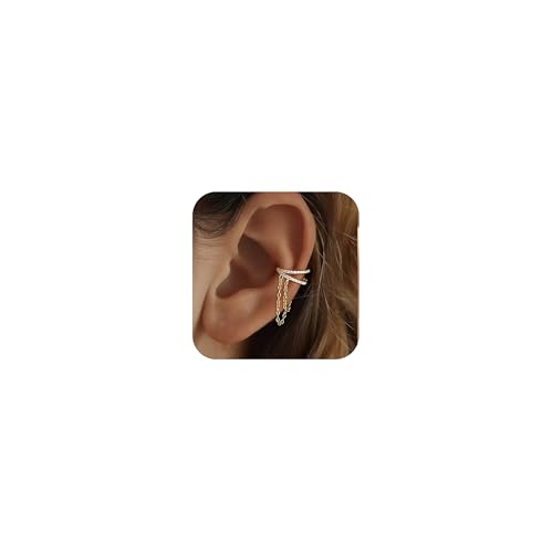 LOVPEPY 925 Sliver Sterling CZ Ear Cuff Tassels Wrap Clip Earrings for Women 14k Gold Plated No Piercing Cuff Earrings Chain to Daughter Wrap Earring Tassel Clip On Ear Graduation Jewelry Gift (Gold)