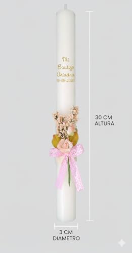 Miniatura 2 de Vela Cirio Bautizo Para Niño O Niña, De Cera Blanca. Medida 3x30 Cm Decorada Con Pick Floral Rústico Rosado Y Lazo De Puntilla Calada Rosada. Personalizada