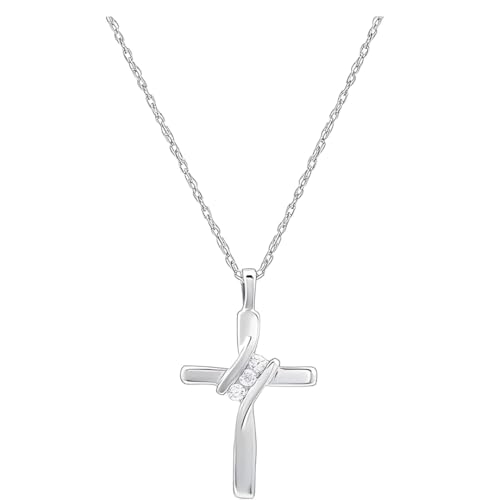 GILDED Small 14KT Yellow Gold Plated & Sterling Silver Natural Round-Cut Diamond Accent 3 Stone Cross Pendant with an 18 Inch Chain