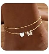 Gold Initial Ankle Bracelets for Women, 14K Gold Plated Dainty Love Heart CZ Trendy Layered Lette...