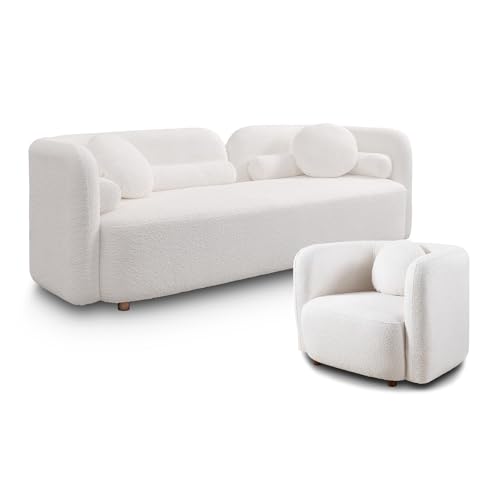 Image of Curved Sofa Set for Living Room, 3-Seater Upholstered Boucle Fabric Modern Sofa Set of 3 Piece Couch Set Minimalist Sofa with Oversized Single Sofa Chair Modern Sofa Set Home Bedroom Office White