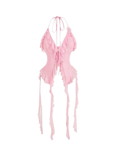 WDIRARA Women's 3D Flower Tie Front Ruffle Trim Halter Top Tie Backless Camisole Pink Solid Large