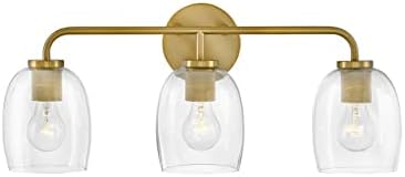 Lark Percy 85013LCB Three-Light Bath Vanity Fixture, Transitional Style, Bell-Shaped Clear Glass Shade, Mount Up or Down, Lacquered Brass