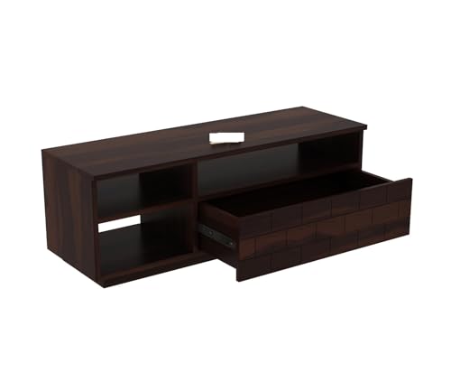Image of Solid Sheesham Wood TV Unit with 3 Shelves & Drawer Storage - Elegant Wooden TV Unit for Living Room | Fits up to 55-inch TV - Solid Living Room Furniture (Reck, Walnut Finish)