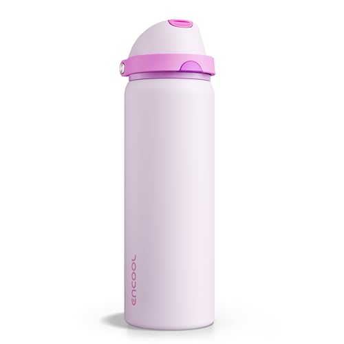 Image of Insulated Water Bottle with Straw - Encool Stainless Steel Water Bottle with Push Button Lid, Leak-Proof & BPA-Free, Keeps Cold for 24 Hours for Sports, Travel, Gym (32 oz, Thistle-Fuchsia)