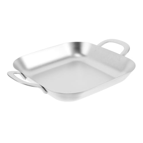 Garneck Modern Korean Aesthetic Stainless Steel Grill Pan Serving Plate Bread Plate 18x18cm Double Ear Handles Kitchen Food Dish