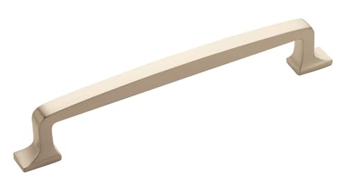 Image of Amerock 6-5 /16 inch Westerly Satin Nickel Drawer Pull | 6-5 /16 inch (160mm) Center-to-Center Mounting Distance and 7-9 /16 inches Overall Length, Durable Zinc Cabinet Hardware