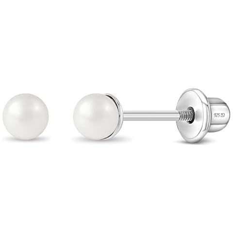 925 Sterling Silver 3mm Classic Simulated Pearl Girl's Earrings with Safety Screw Backs, Screwback Small Simulated Pearl Earrings for Infants, Babies, Toddlers - Great Gift for Birthday & Baptism Cover