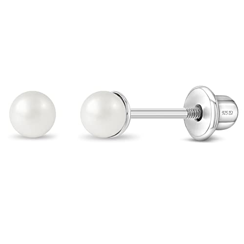 In Season Jewelry Simulated Pearl Kids Earrings 925 Sterling Silver Hypoallergenic Earrings for Girls with Safety Screw Backs Safe & Comfortable for Toddlers Kids & Little Girls 3mm