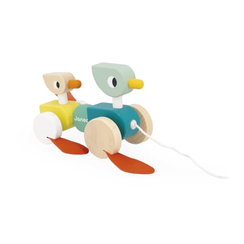 Janod Zigolos Pull Along Duck Family Early Learning and Motor Skills Toy with Flapping Feet Made of Beech and Cherry Wood for Ages 12 Months