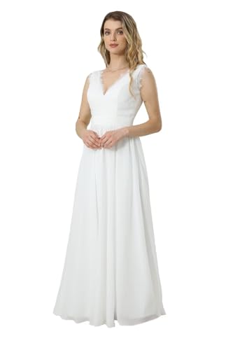 Image of Ivory Lace A-line Boho Wedding Dress Chiifon V-Neck Long Zipeer Beach Bride Gowns for Women