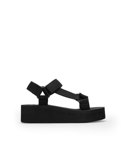 BOSANOVA Sandalias Deportivas confeccionadas en Material Textil con Detalle de Tiras reguladoras en el Empeine con Plataforma en Goma eva. Cierre fácil. Calzado para Mujer Negro 37