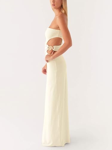Image of Cut Out Maxi Tube Dresses for Women Sexy Y2k Strapless Backless Bodycon Long Dress Summer Sleeveless Hollow Sundress