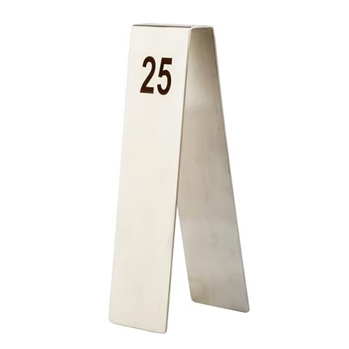TableCraft 12795 Vertical Table Tent Number Signs, 1-25 Set, Double-Sided Stainless Steel Finish, Laser Engraved, Ideal for Restaurants, Banquets, Cafes