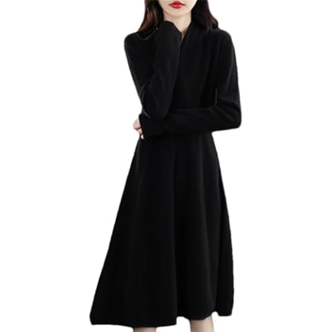 Women Cashmere Dress V-Neck Knit High Waist Long Sweater Fall/Winter Buttocks Loose Pullover Thick Long Skirt Black XXL Cover