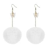 Colorful Faux Fur Fluffy Ball Earrings for Women Butterfly Pom Pom Pendant Earrings Handmade Soft Plush Pink Pom Pom Dangle Drop Earrings for Women (White Fur Ball Earring)