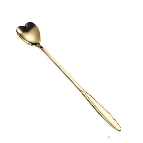 Tomotato Cucchiaio da Dessert, 18cm Cucchiaio da Caffè a Fiore, Acciaio Inossidabile Dorato, Manico Lungo, per Gelato al Tè al Caffè (Cuore)