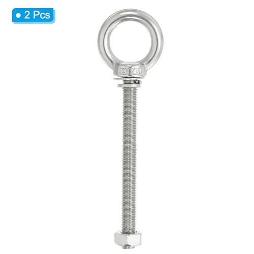 Image of PATIKIL M10 x 100mm Lifting Shoulder Eye Bolt, 2Pcs 304 Stainless Steel Lifting Ring Threaded Eyebolt with Nuts Washers for Hanging Hammocks Articles