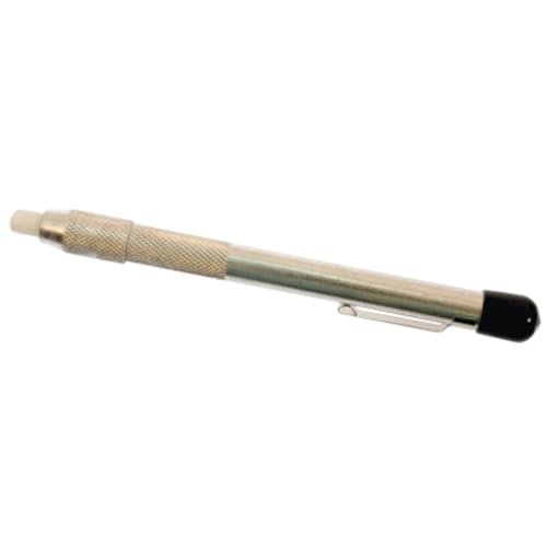 a round aluminum soapstone holder next to a stick of soapstone marking chalk