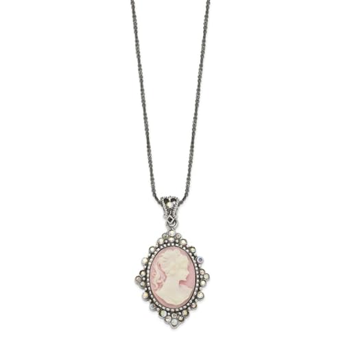 Diamond2Deal Sterling Silver Antiqued Pink Resin Cameo Crystal Necklace
