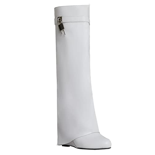 Image of Knee High Boots Womens Wedge High Heels Shark Boots Fold Over Pull-on Pointed Toe Tall Fashion Boots for Women