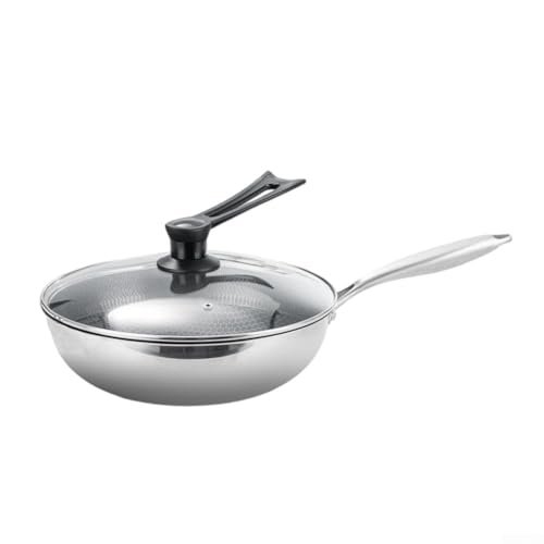Besttoolifes Padella wok professionale in acciaio inox, diametro 32 cm, struttura a tre strati, con coperchio, per cucinare a casa (argento)