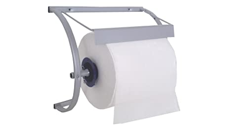 tecnokit dispenser portarotolo industriale da muro con bobina 500 strappi inclusa, acciaio verniciato alluminio, robusto porta bobina carta 29 cm, installazione rapida 38x35x18h