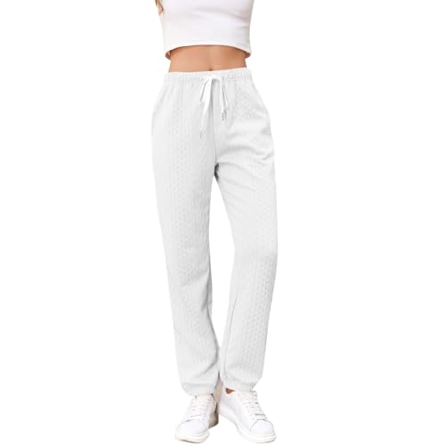 Sweatpants Womens Casual Winter Thermal Pants Warm Trousers High Waist Cinch Bottom Joggers Pockets Loungewear White