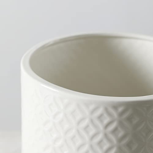 Image of Bathroom Wastebasket - Ceramic Decorative Trash Can with Wooden Base (White and Beige)