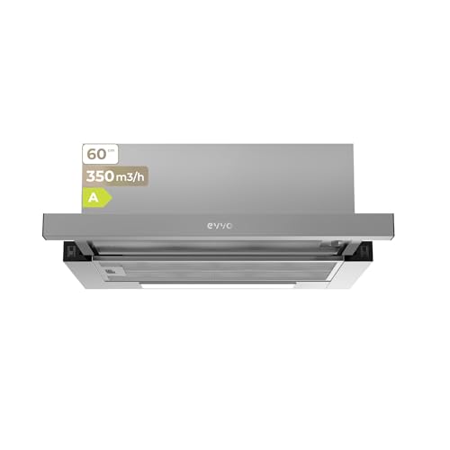 EVVO Campana Extractora 60 cm Telescópica CE10, Potencia 350 m³/h, Filtro de Aluminio de 3 capas, 2 Velocidades, Filtro de Carbón Activo, Luz LED, Eficiencia Energética A, Acabado Inox