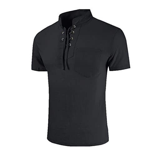 Camiseta para hombre, camisa de lino de manga corta para atar, cuello alto, gótico, monocolor, camisa de ocio, ligera, transpirable, de algodón, lino, hippie, de verano, para yoga, Henley, Negro ,