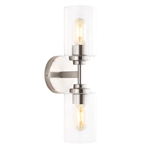 Image of JONATHAN Y 16 inch Nickel /Clear Farmhouse 2-Light Wall Sconce, Industrial Vanity Light for Bathroom Mirror, Entryway, Hallway, Clear Glass Cylinder Shades, LED Bulbs (JYL9548C)
