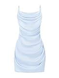 EXARUS Girls Bodycon Dress Pre Teen Ruched Mini Formal Dance Special Occasion Evening Party Dresses Tween Spaghetti Strap Satin Cowl Neck Short Fitted Pencil Dusty Blue 12Y