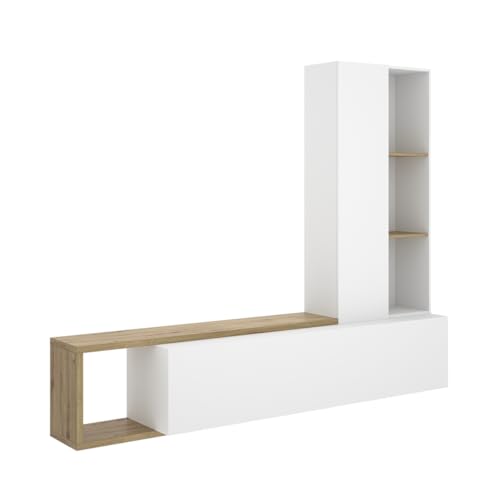 PEGANE Meuble TV avec Colonne de Rangement de 3 étagères Ouvertes et Caisson Horizontal modulable, Coloris Blanc/chêne Sonoma - Hauteur 183 x Longueur 220 x...