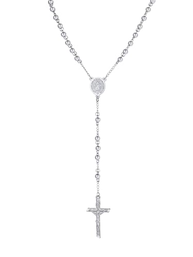 PROSTEEL Silver Virgin Mary Rosary Beads Necklace for Women Stainless Steel Tarnish-Resistant 26 Inch Catholic Prayer Y-Necklace with Crucifix Cross Gift Box & Prayer Card Included