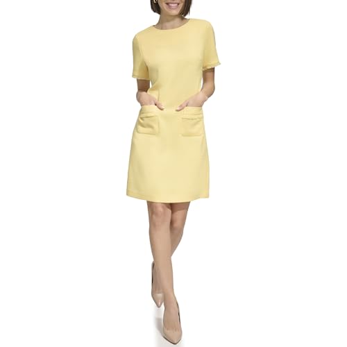 Image of Tommy Hilfiger Women's Pleated Trim Short Sleeve High Neck Shift Mini Dress