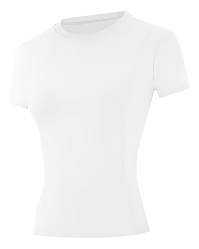 Runhit Compression Shirts Woman Workout Gym Athletic Running Sports Yoga Tops T-Shirt Base Layer Short Sleeve Moisture Wicking Quick Drying White S