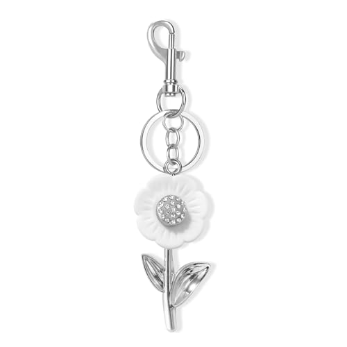 Rovhina Chaveiro Daisy Bag Charm para bolsa – chaveiros fofos para mulheres – chaveiros de carro, carteira e mochila acessórios de bolsa, Margarida prata/branca, 5.6'L x 1.38'W x 0.67'H