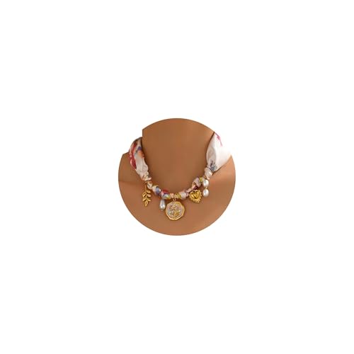 Juewaok Scarf Necklace for Women Adjustable Silk Scarf Choker with 18K Gold Plated Flower Coin Charm Dainty Bandana Necklace Boho Summer Beach Jewelry