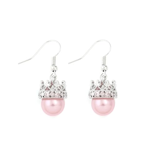 Wicked Inspired Crown Drop Earrings for Women – Pink Faux Pearl Dangle Earrings with Rhinestone Tiara Charm – Plated Zinc Alloy Fantasy Musical Aesthetic Jewelry Gift