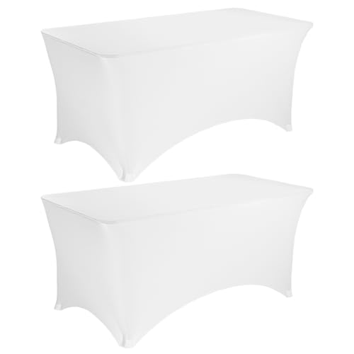 Image of 2 Pack 6FT Spandex Table Covers Washable Wrinkle Resistant Stretch Fitted Rectangle Tablecloth for Folding Table Wedding Party Birthday Banquet Bar Events(White)