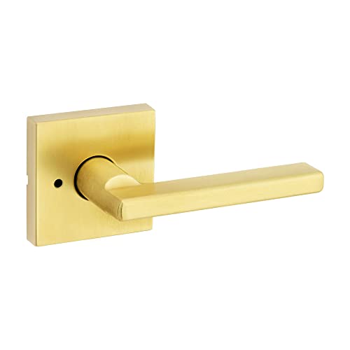 Kwikset Halifax Interior Privacy Door Handle with Lock, Door Lever for Bathroom and Bedroom, Satin Brass Reversible Keyless Push Button Lock Door Lever, with Microban Protection, Square Rose by Kwikset - Used condition - CA$27.83